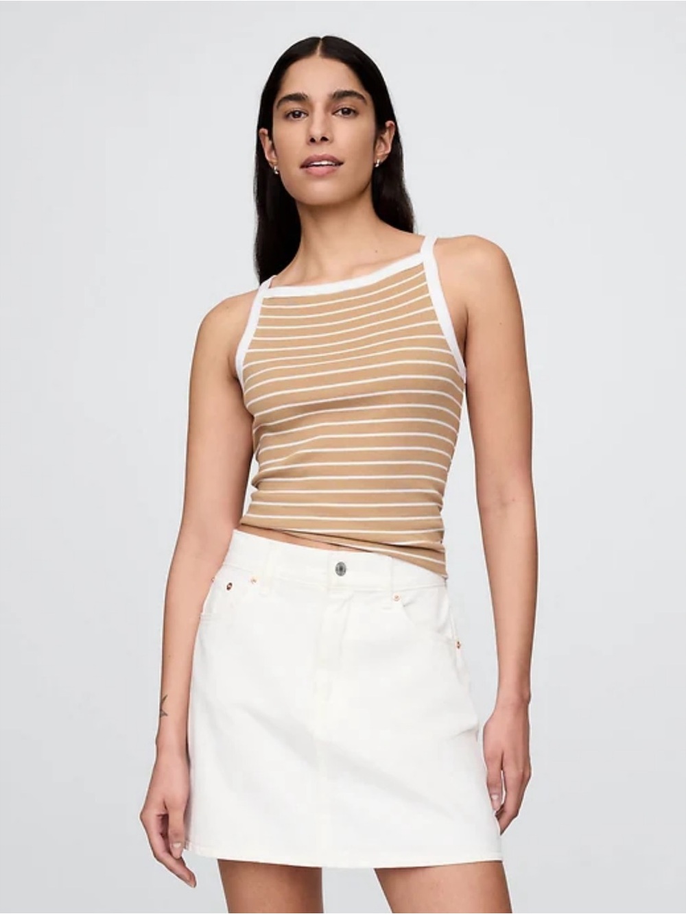 GAP New Tan & White Striped Ribbed Top Tank Size Medium